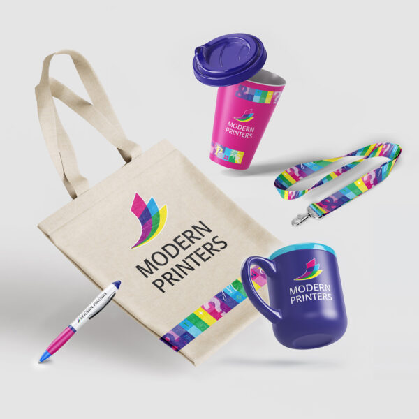 Modern Printers branded merchandise set on display.