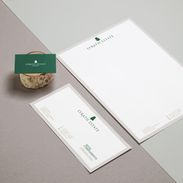 Lyrath Estate stationery set on grey background.