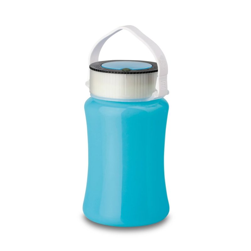 Blue water bottle with white strap.