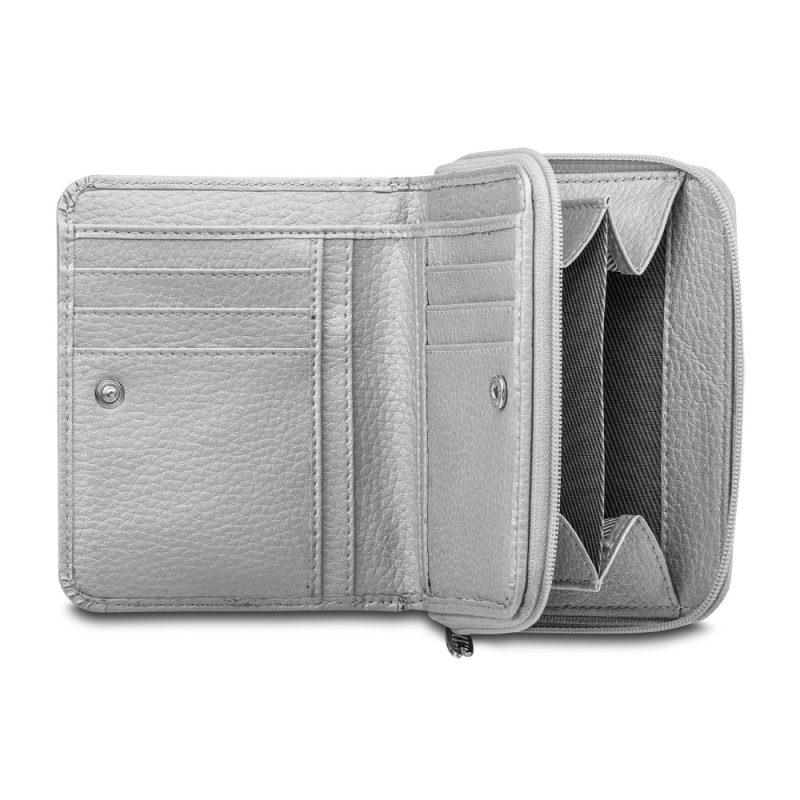 Open grey leather wallet with card slots.