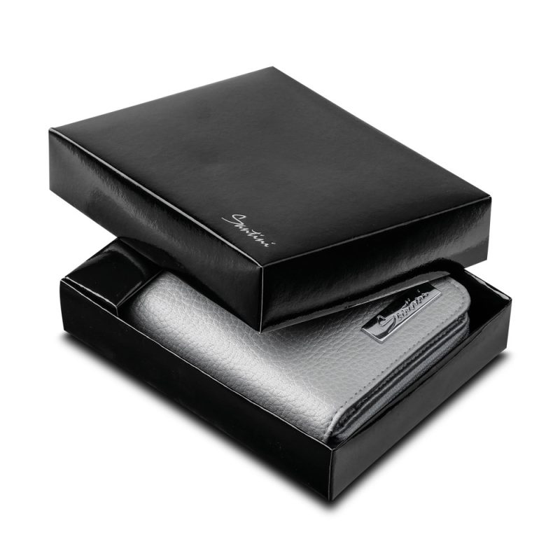 Elegant silver wallet in black gift box.