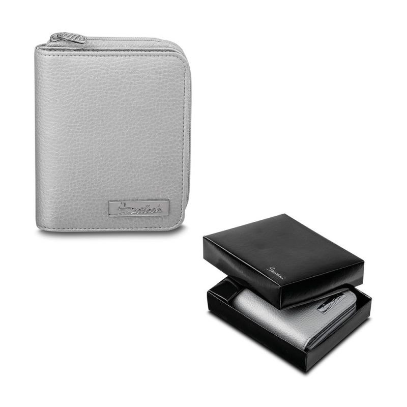 Silver leather wallet with black gift box