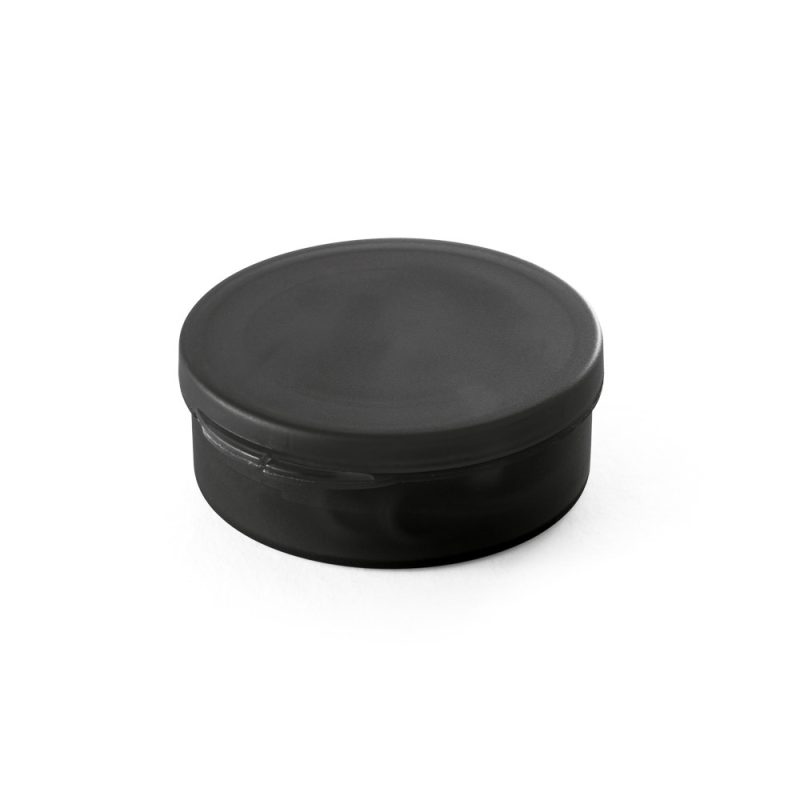Black plastic container with lid on white background.