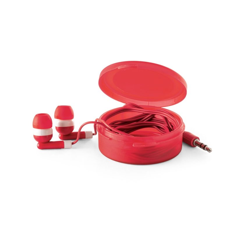 Red wired earphones in round open case