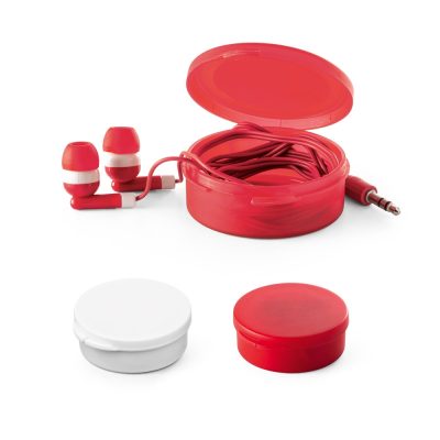 Red earphones with case and audio jack plug.