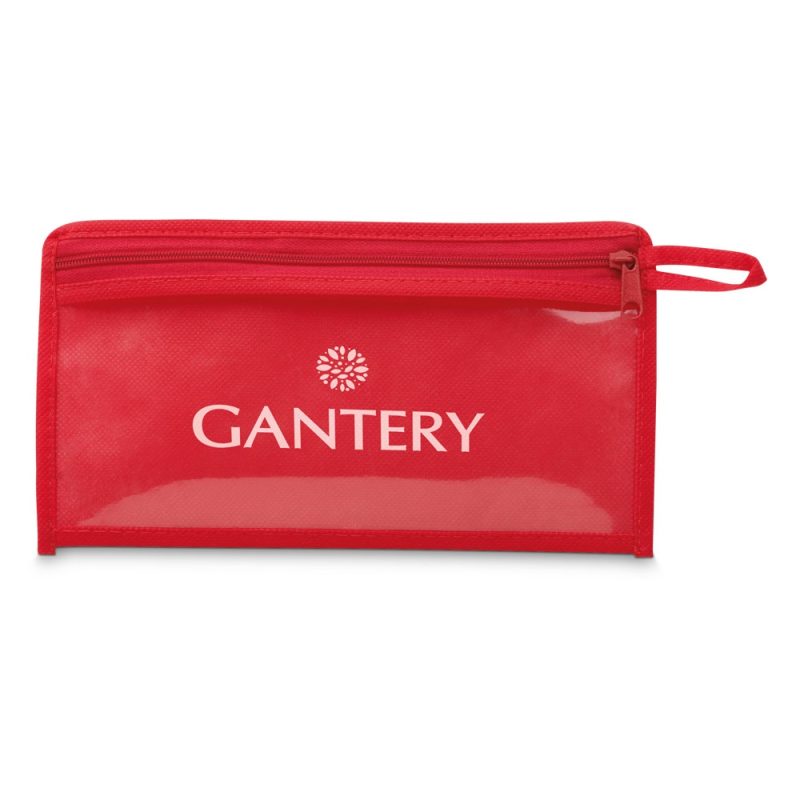 Red zippered pouch with logo