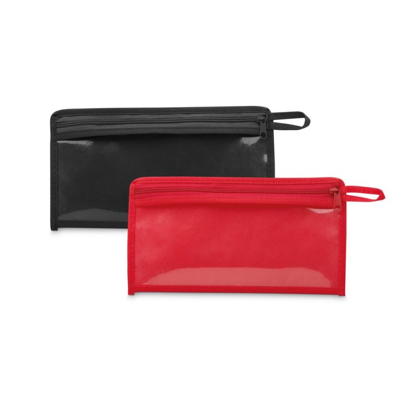 Black and red zip wallets on display.