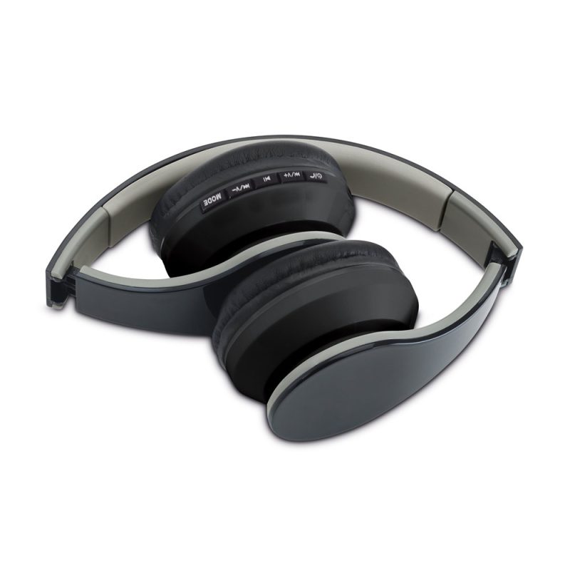 Black wireless headphones on a white background.