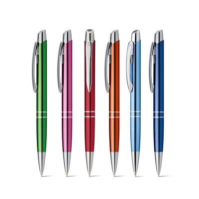 Assorted colourful pens arranged vertically