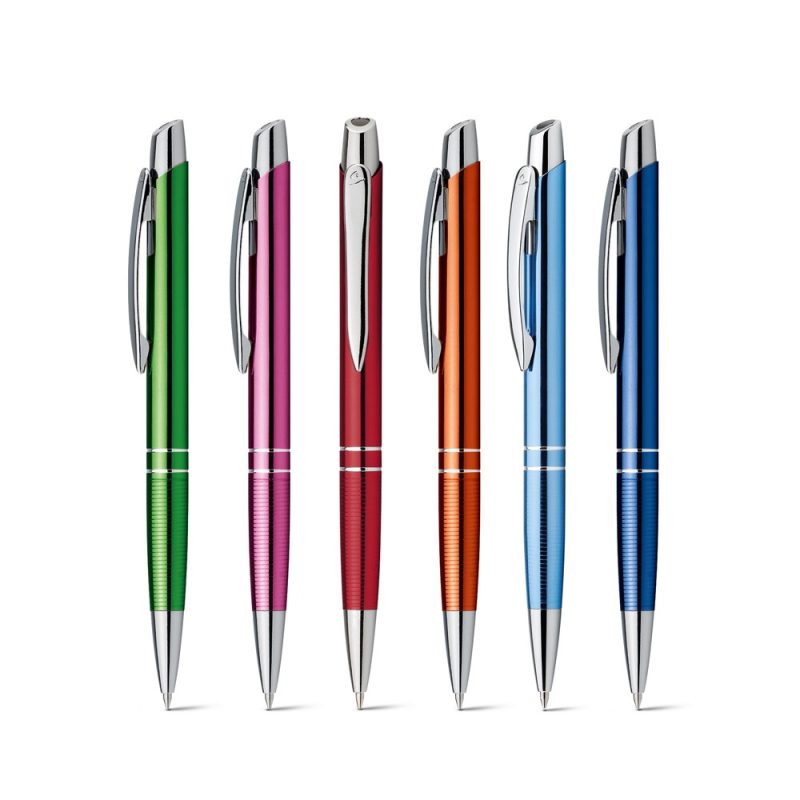 Assorted colourful pens arranged vertically