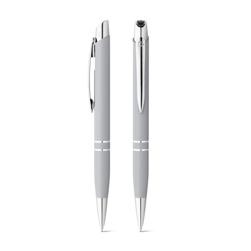 Grey ballpoint pen with silver details.