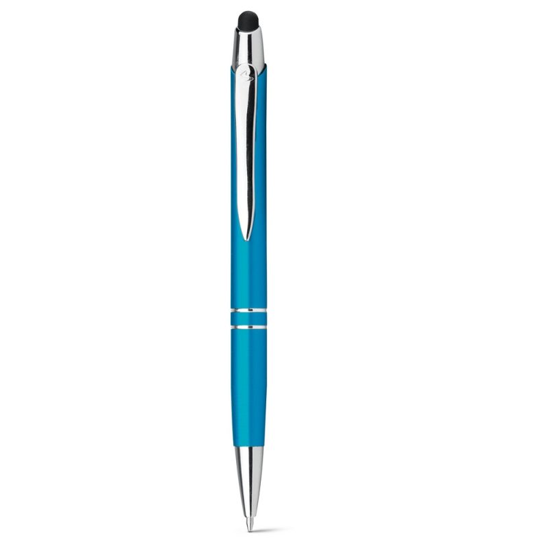 Blue ballpoint pen with stylus tip.