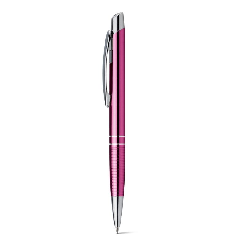 Pink ballpoint pen with chrome details.
