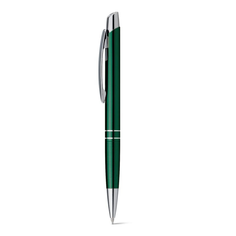 Sleek green ballpoint pen with chrome accents.