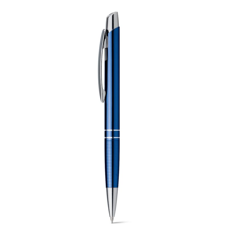 Sleek blue ballpoint pen with chrome accents.