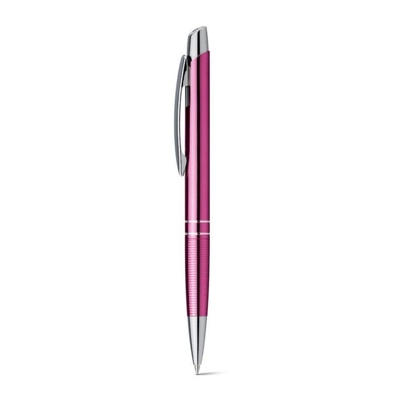 Pink metallic ballpoint pen with clip.