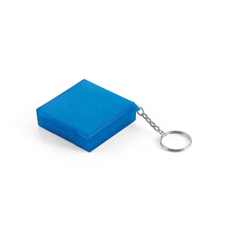 Blue square keychain box on white background.