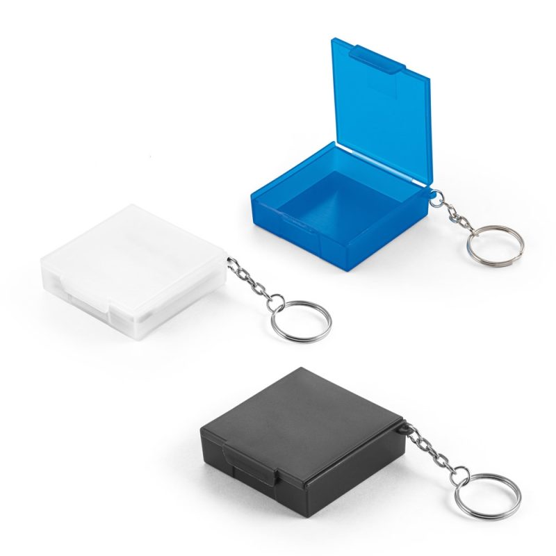 Coloured square keychain boxes, open and closed.