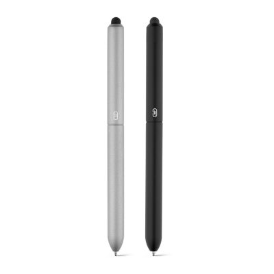 Two stylus pens, silver and black, side by side.