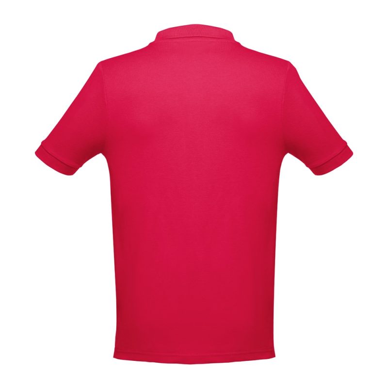 Back view of a plain red polo shirt.