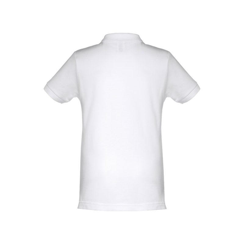 Back view of plain white polo shirt.