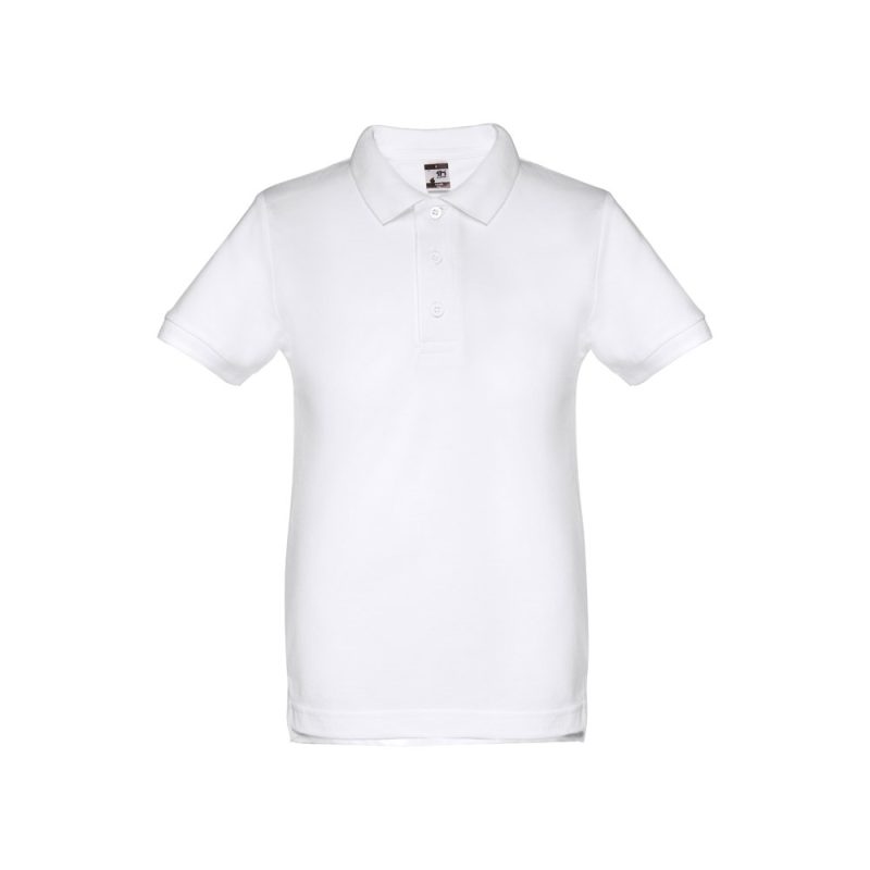 White polo shirt with collar and buttons.