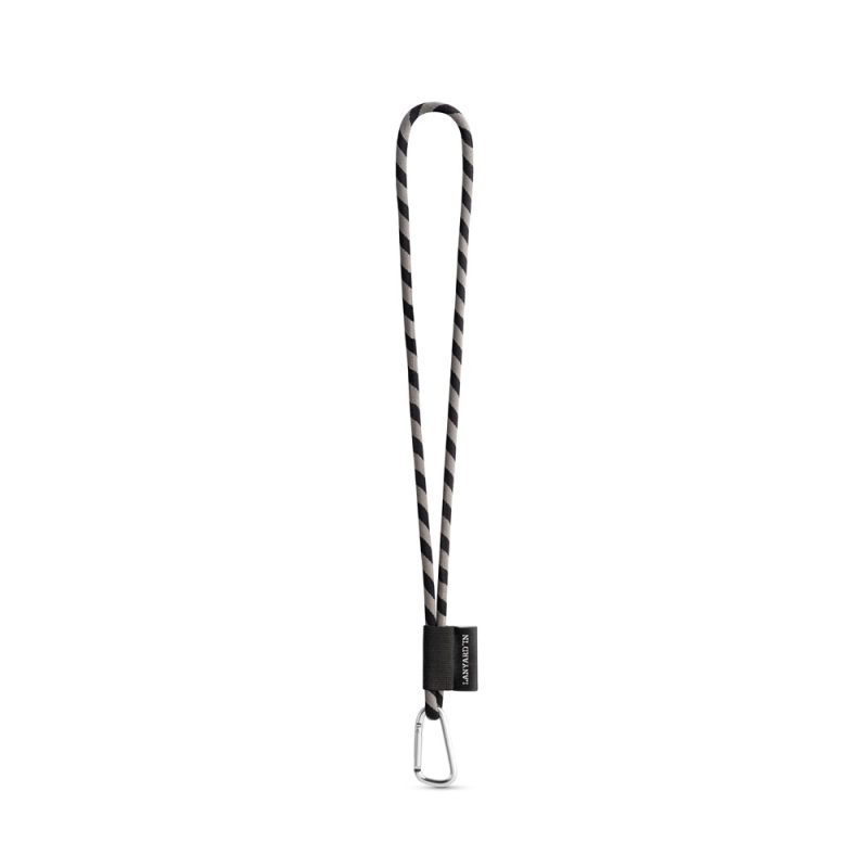 Black and white striped lanyard with carabiner hook.