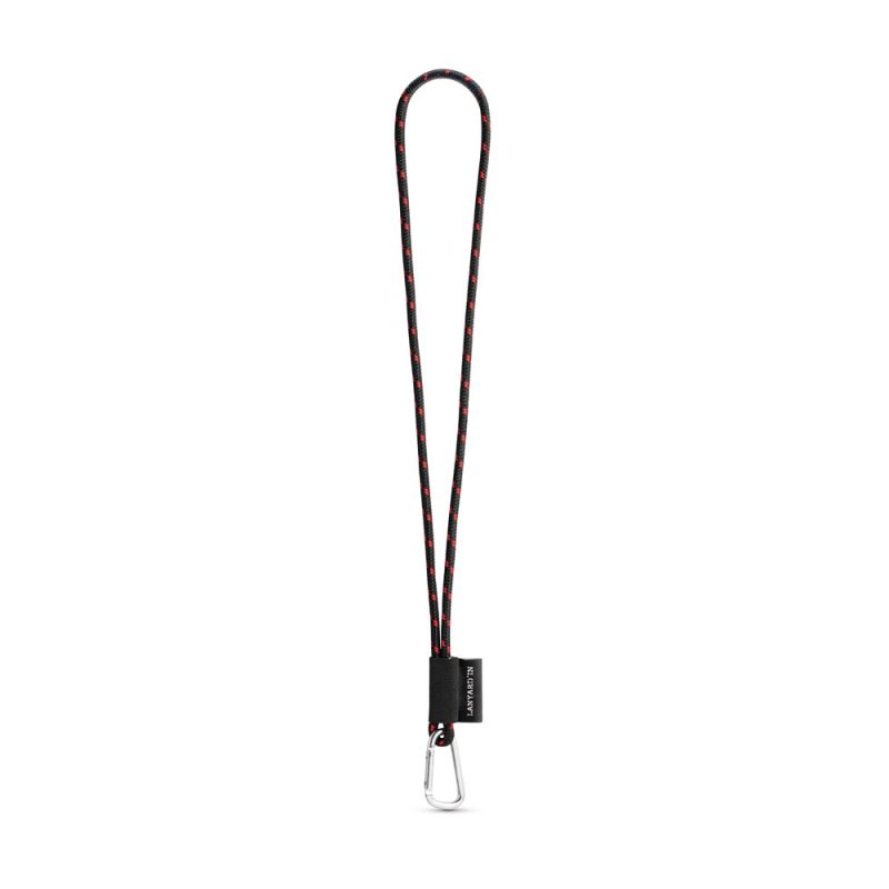 Black and red lanyard with metal clasp.