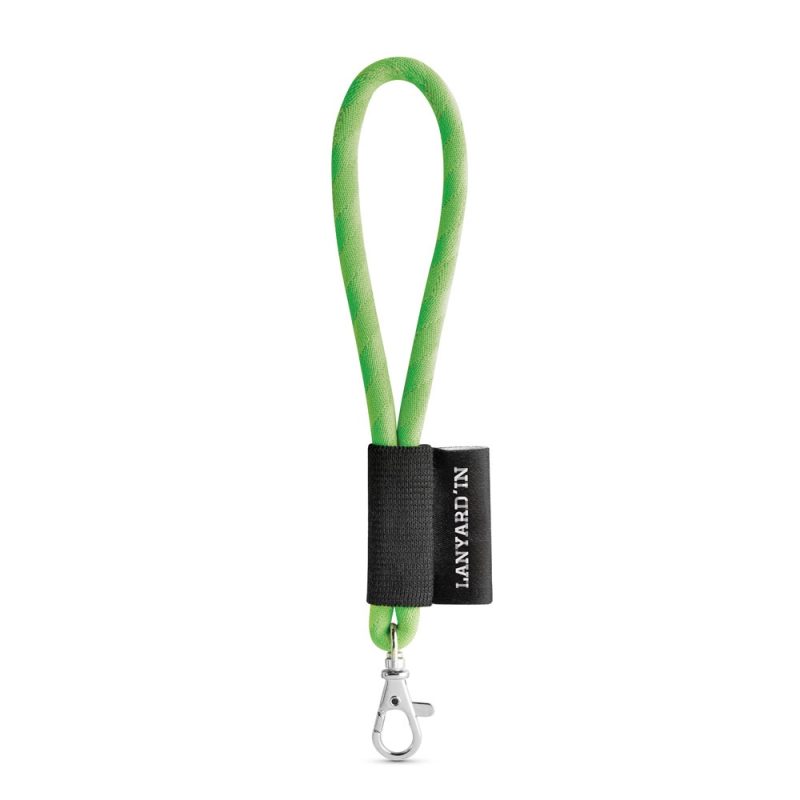 Green lanyard with metal clip and black label.