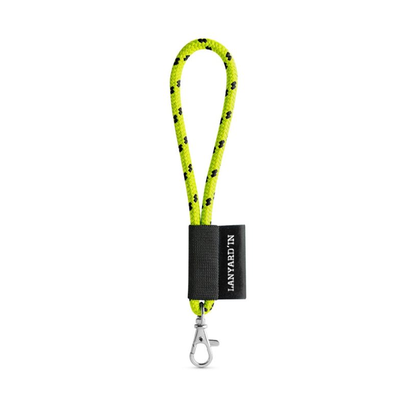 Yellow and black rope lanyard with metal clip.