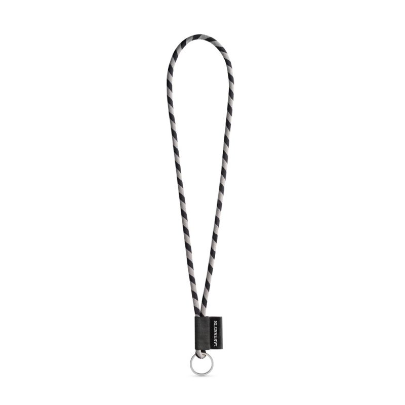 Black and white striped nylon lanyard loop keychain.