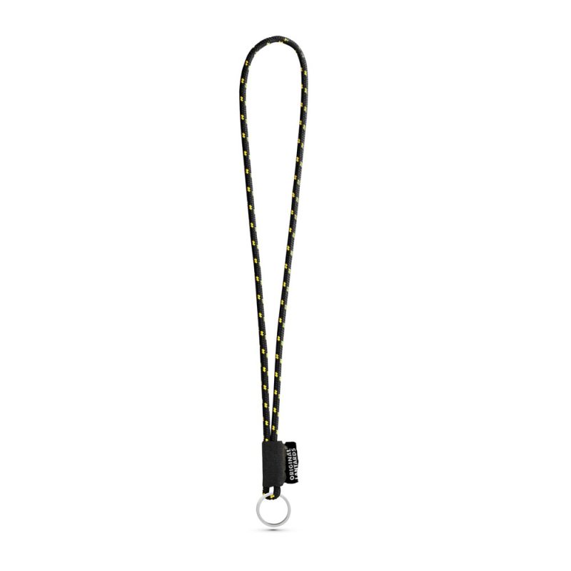 Black and yellow keychain lanyard on white background.