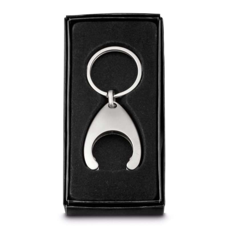 Silver bottle opener keyring in black gift box.