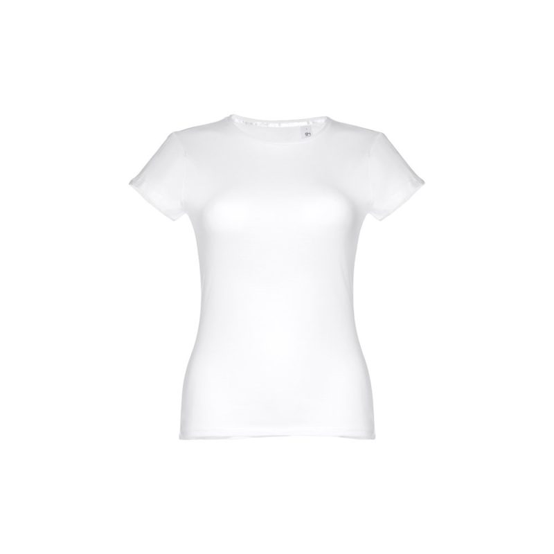 Plain white women's T-shirt, front view.