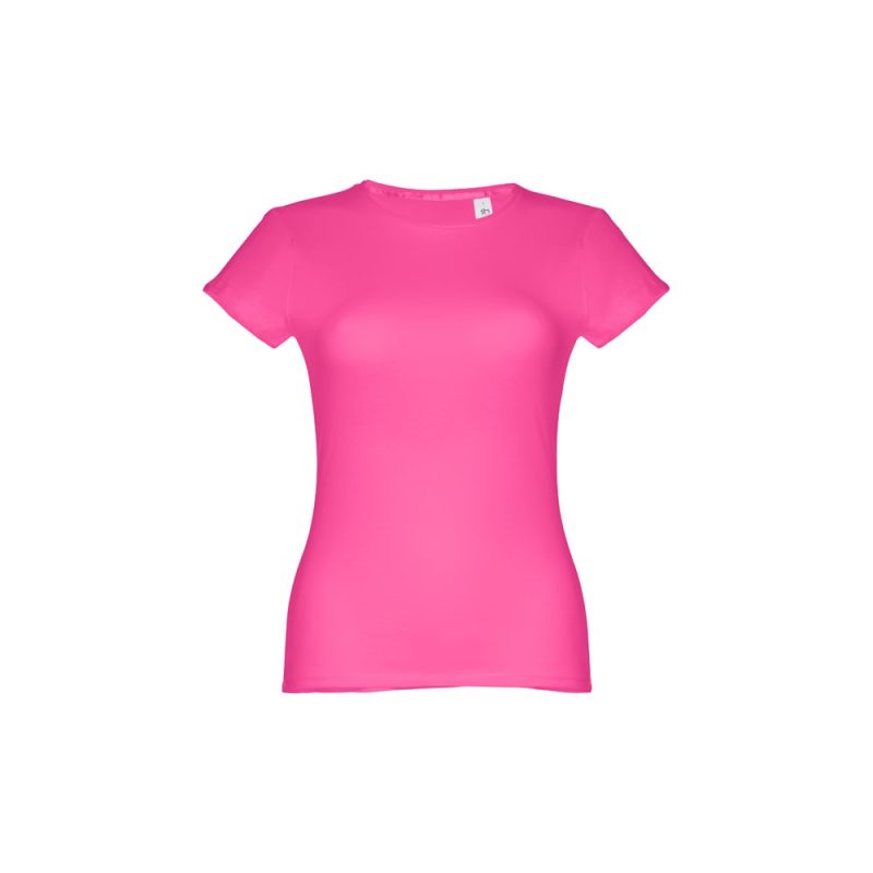 Bright pink women's t-shirt on white background.