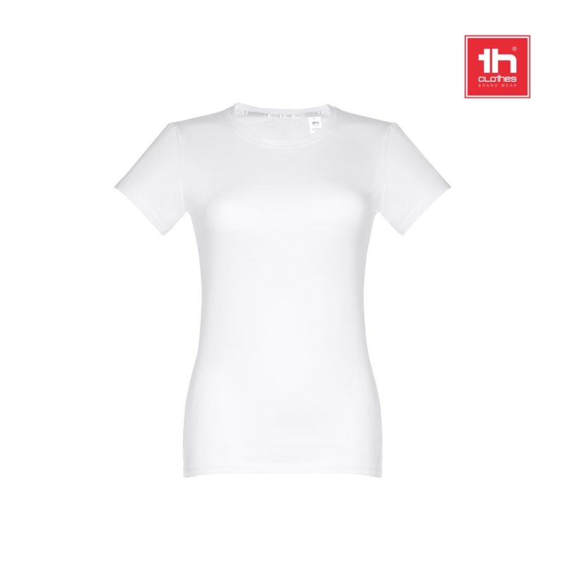 Plain white women's T-shirt on white background.