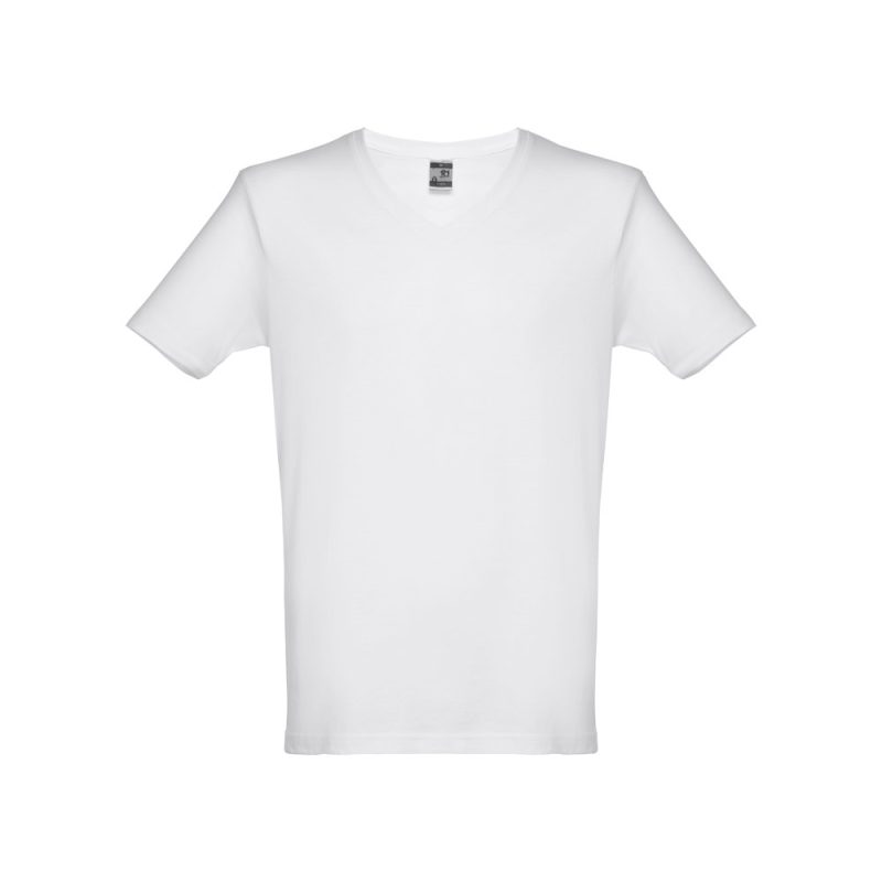 Plain white V-neck T-shirt on white background.