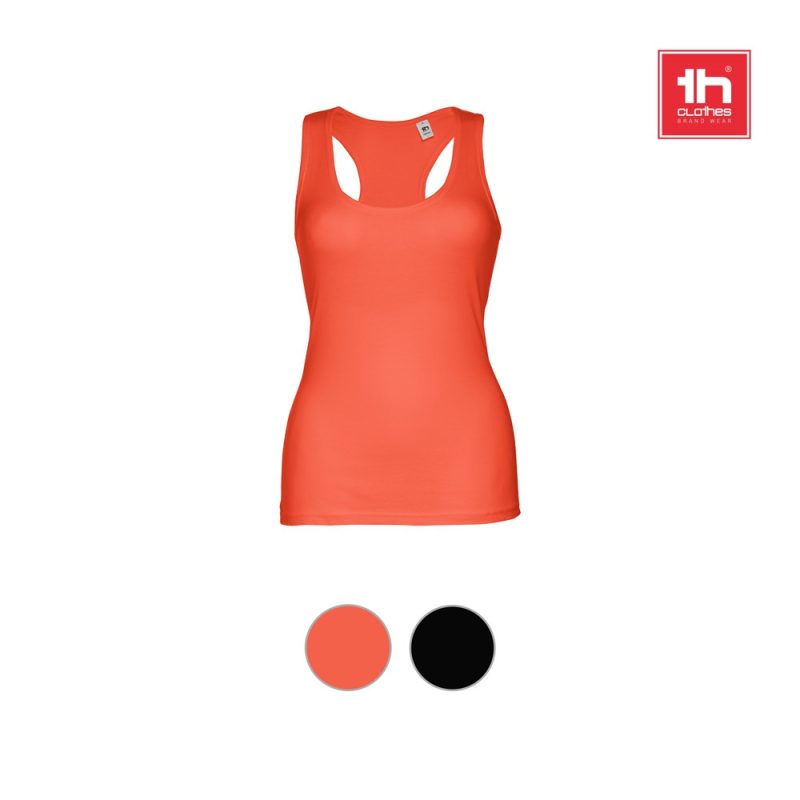 Women's orange tank top with brand logo.