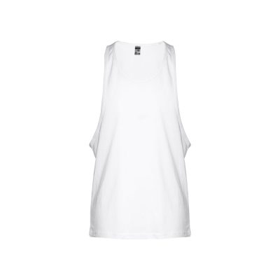 Plain white sleeveless vest top on display.