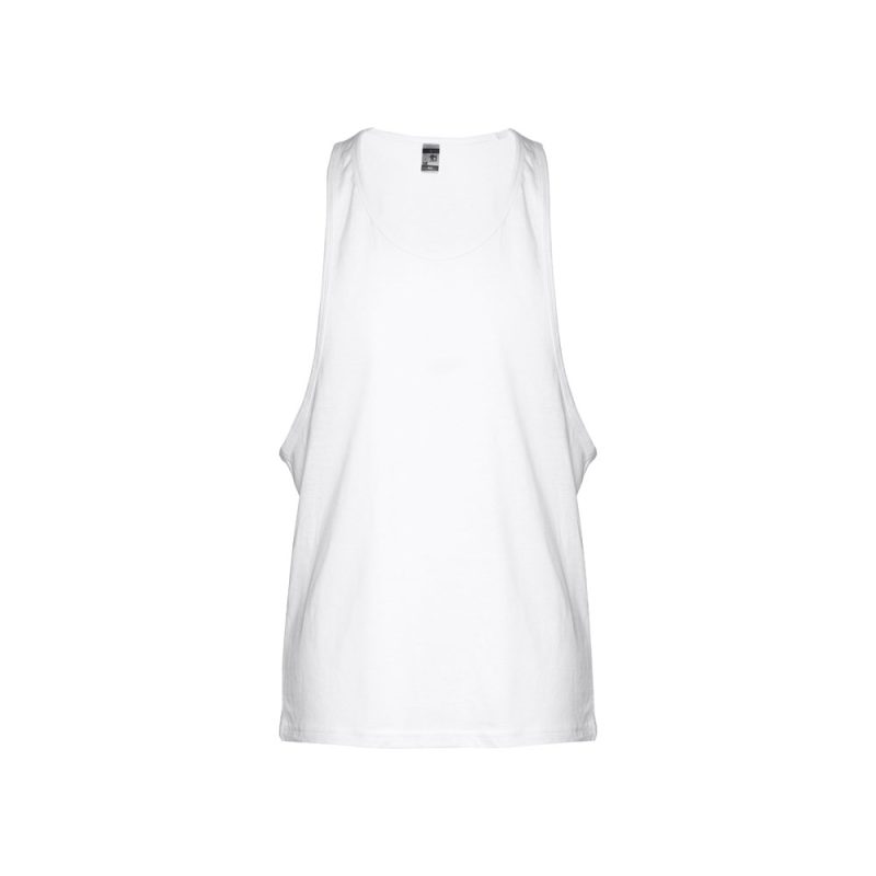 Plain white sleeveless vest top on display.