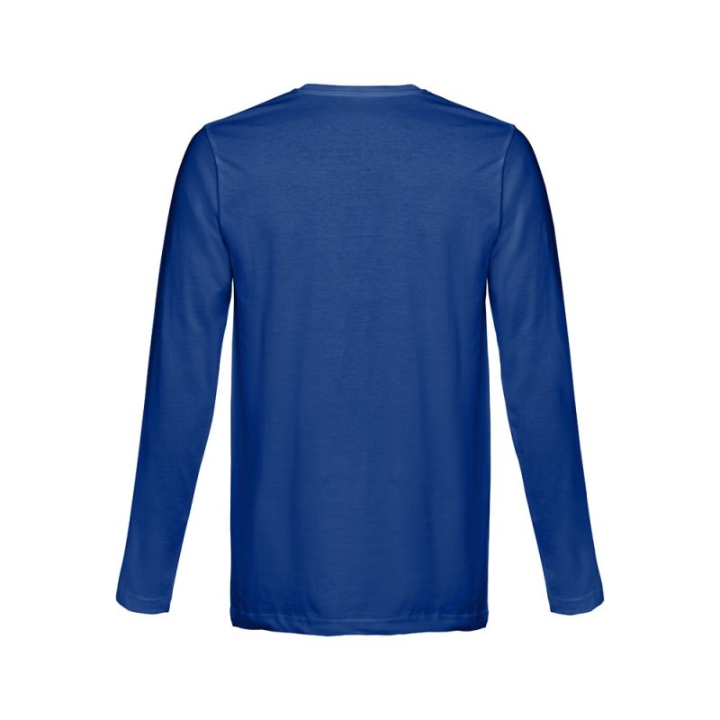 Back view of plain blue long-sleeve shirt.