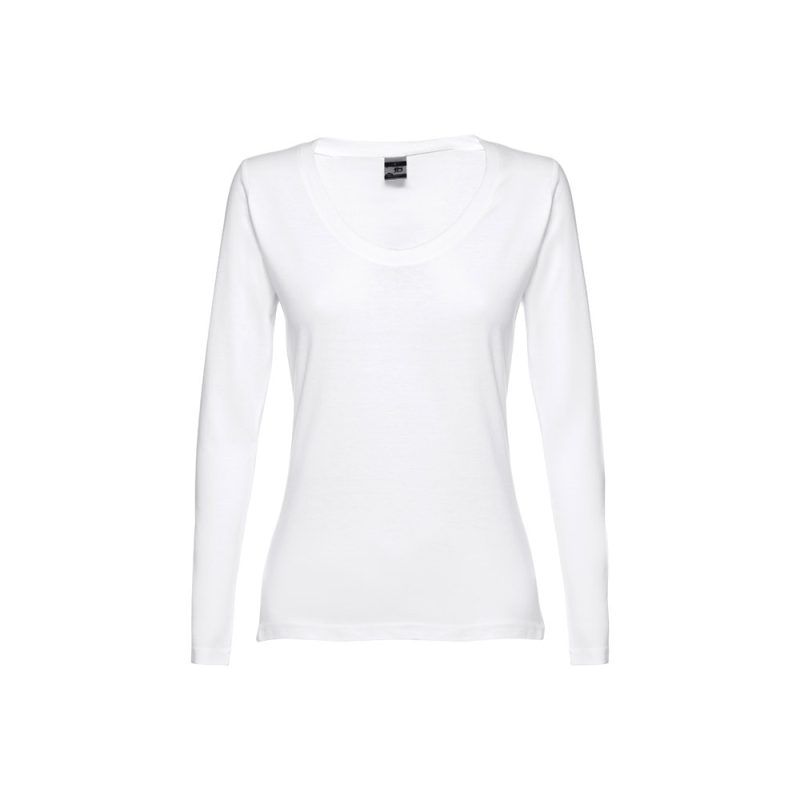 White long-sleeve women's t-shirt on display.