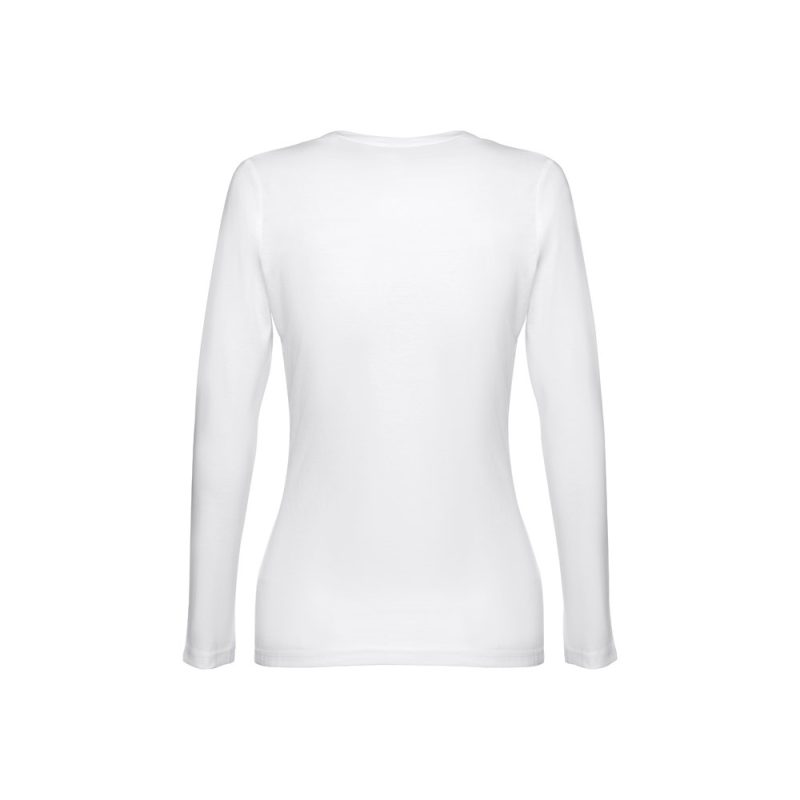 Back view of plain white long-sleeve shirt.