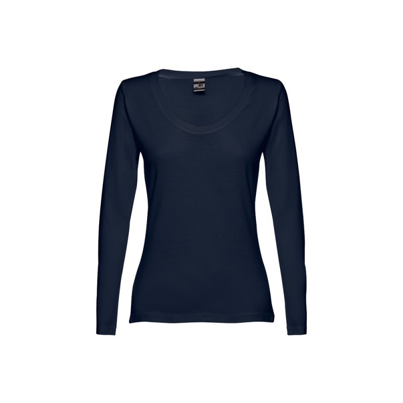 Black long-sleeve women's top on white background.