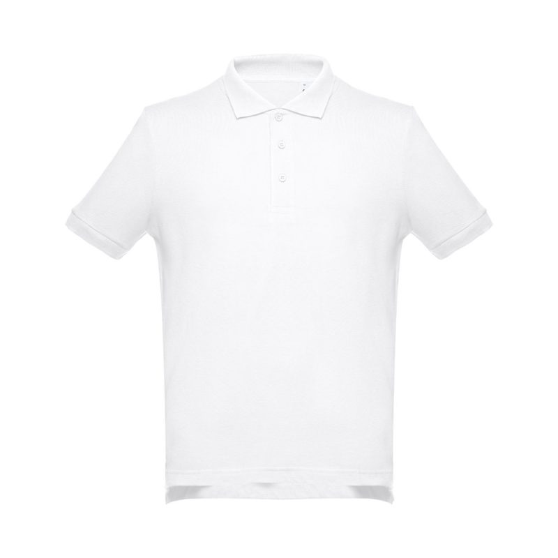 Plain white polo shirt on white background.