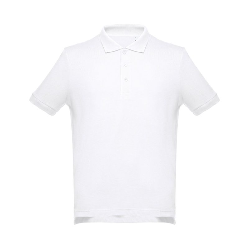 Plain white polo shirt on white background.