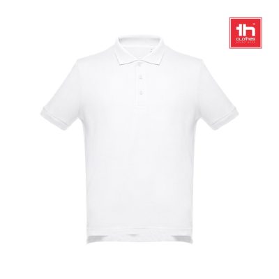 Plain white polo shirt with brand logo on top