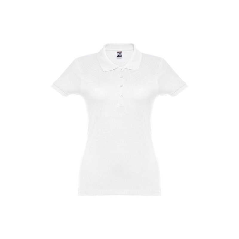 White short-sleeved women's polo shirt front view.