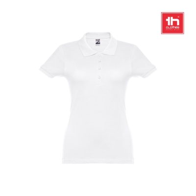 White women's polo shirt with buttons and collar.