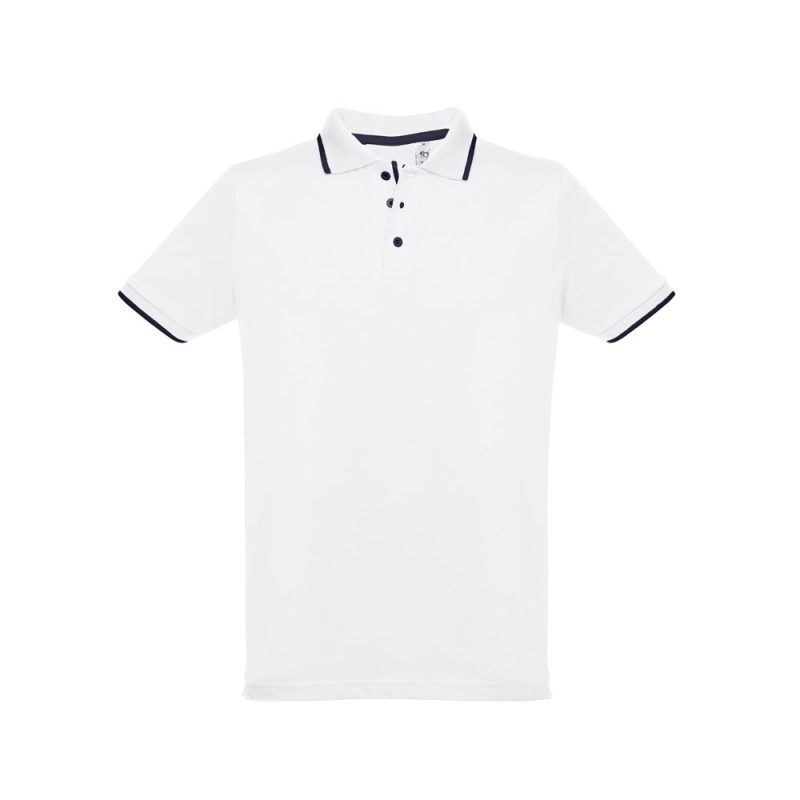 White polo shirt with black accents.